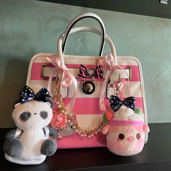 Pink and White Striped Tote with keychains - Picture 3 of 4